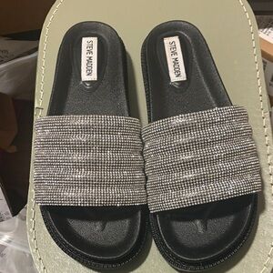 Steve Madden Black Slide Sandals with Silver Crystal Band